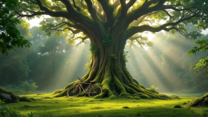 Earth Tree and Moss Bicycle in a Sunny Forest Meadow