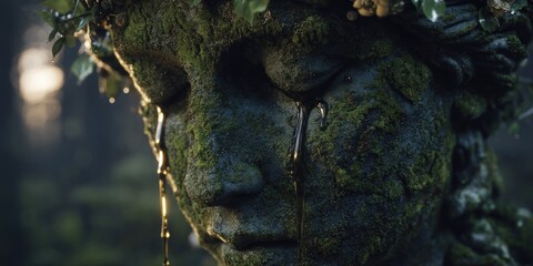 Mossy statue face with tears in a forest, nature and emotion concept
