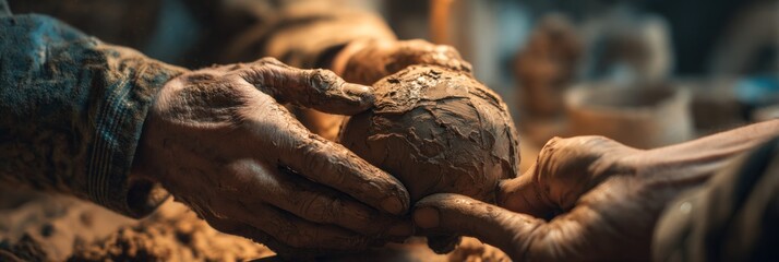 Hands shaping clay ball, pottery creation with artistic craftsmanship