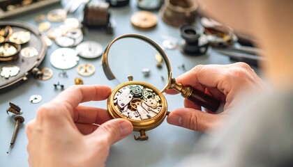 Watchmaker Examining Antique Watch Mechanism Under Magnifying Glass