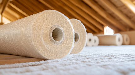 Rolls of insulating material arranged in attic, with exposed wooden rafters above, on top of installed insulation. Close up shot.