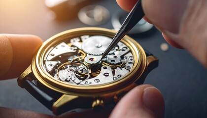 Watchmaker Carefully Repairing Vintage Gold Wristwatch