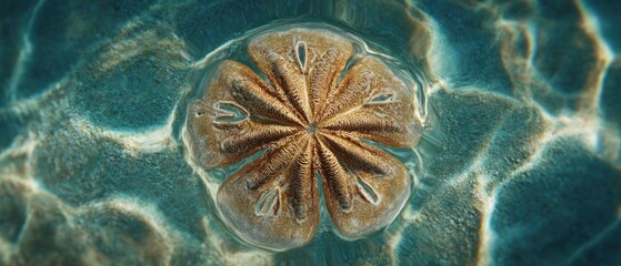 Sand dollar resting in shallow, clear water with light reflections