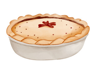 Watercolor pie illustration. Hand painted baked dessert. Cozy and festive winter treat.