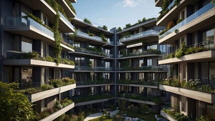 Modern Apartment Complex with Green Balconies and Courtyard View