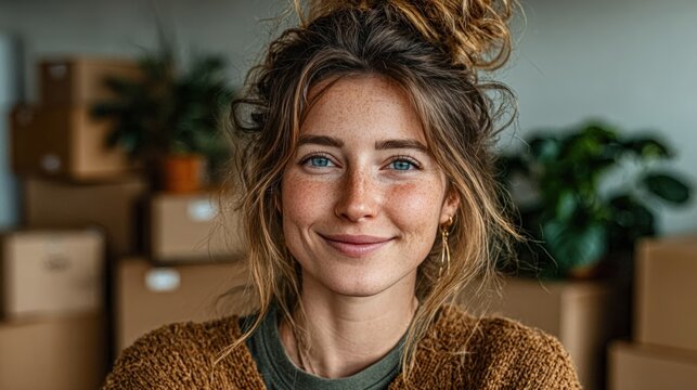 Woman with a joyful smile, surrounded by cardboard boxes