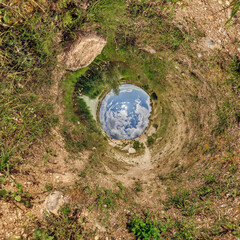 creative tiny planet photo of a rural landscape with dirt road, green fields, and cloudy sky forming a circular world.