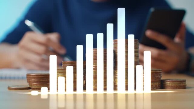 Growing Finance Stacked Coins with Rising Bar Graph Overlay, Financial Growth Investment Concept - Powered by Adobe