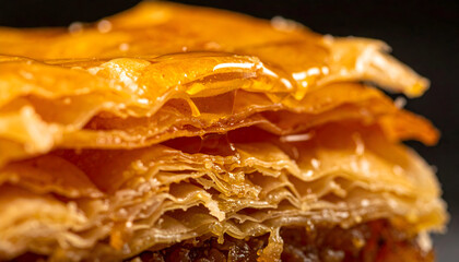 Close-up shot of a tempting golden baklava pastry, dripping with sweet honey syrup