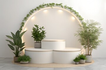 A minimalist indoor stage is adorned with plants and illuminated by soft lighting