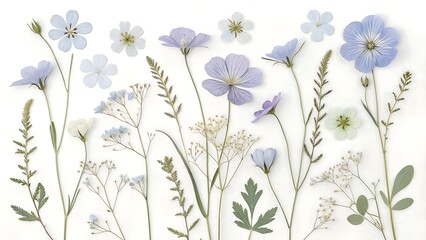 Fototapeta premium Floral flat lay composition with delicate wildflowers isolated on white background, perfect for adding a touch of nature to your designs and creative projects
