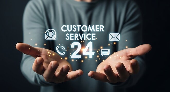 247 customer service support with communication icons in open hands