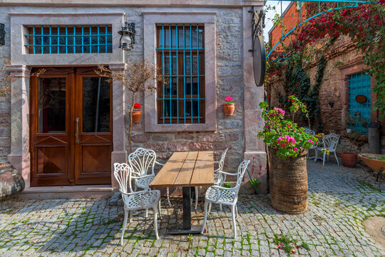 Colorful historical street view in Ayvalik Town.