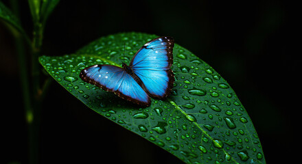 Blue morpho butterfly resting on a green leaf with morning dew droplets, dark background and wings in sharp focus.
