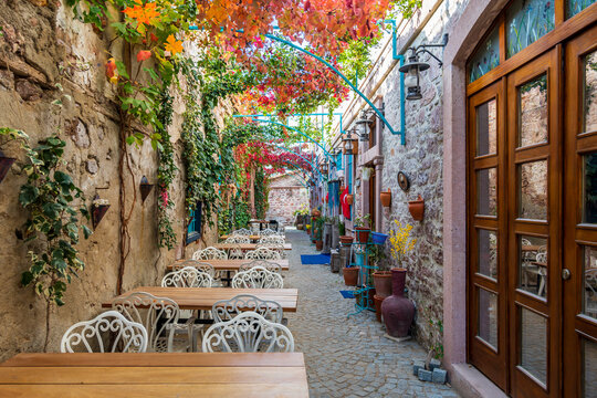 Fototapeta Colorful historical street view in Ayvalik Town.