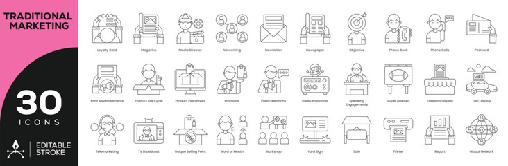 Traditional Marketing Essentials - 30 Editable Stroke Vector Icons for Advertising, PR & Media (TV, Radio, Print Ads, Telemarketing)