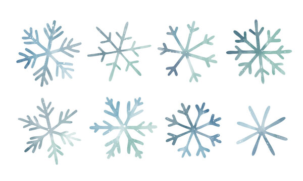 Watercolor snowflakes set. Hand drawn winter elements in delicate frosty style for holiday and seasonal designs.