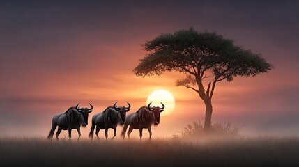 Wide-angle view of a tranquil African sunset with silhouettes of wildebeest crossing a dusty plain, the sky ablaze with red and orange tones.