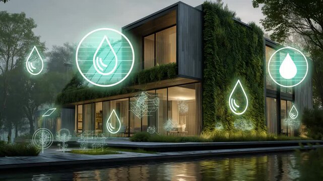 Modernes nachhaltiges Haus mit Solardach und animierten Energiesymbolen. K&uuml;nstliche Intelligenz KI