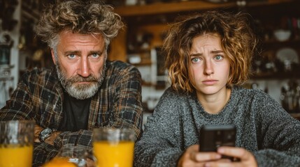 A serious-looking father and teenage daughter, possibly having a disagreement, seated at a table.  They are looking directly at the camera with concerned expressions.  Orange juice glasses are visible