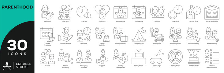 Modern Parenting & Family Life Icon Set - 30 Editable Stroke Vector Icons (Diverse Families, Activities, Schooling, Emotional Support)