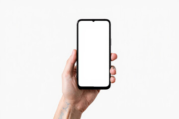 Hand holding a modern smartphone with a blank white screen, isolated on a white background
