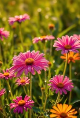 Obraz premium Sunlit wildflowers, glistening with morning dew, vibrant colors, morning, dew, wildflowers