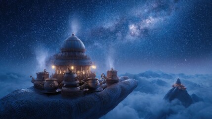Hand Holding Teaware with Temple Under Starry Night Sky, Fantasy
