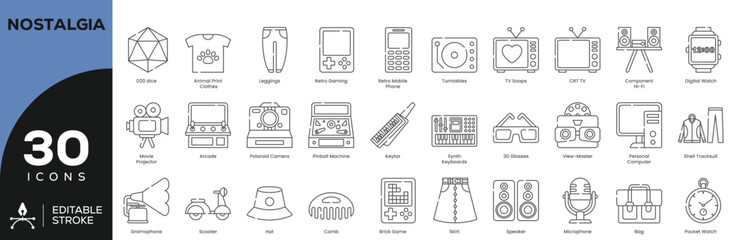 Retro Tech & Pop Culture Icon Set - 30 Editable Stroke Vintage Symbols (80s-90s Gadgets, Fashion & Arcade)