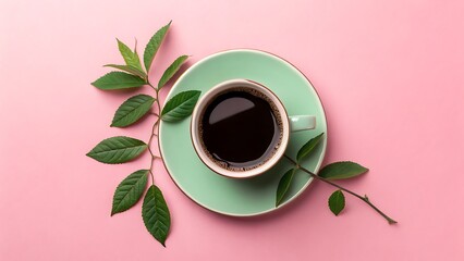 Elegant Coffee Cup Arrangement: Dark Brew on Green Saucer with Natural Greenery on Soft Pink Surface.