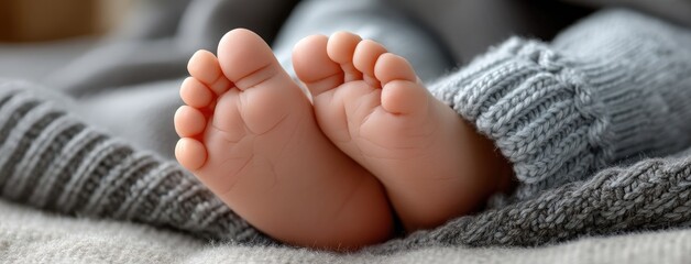Close-up of newborn baby feet on a soft blanket capturing the essence of warmth and innocence in a minimalistic setting with natural lighting