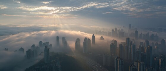 Misty cityscape with skyscrapers emerging from fog at sunrise