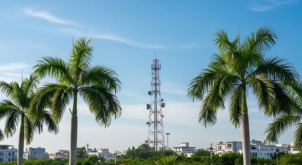 Naklejka premium Telecommunication Tower on Sunny Day – Infrastructure and Connectivity Concept