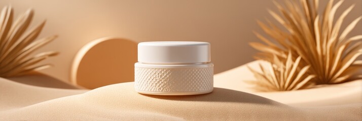Cream jar on sand dune with dry grass and circle backdrop