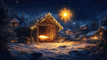 Christmas nativity scene with a stable in a snowy landscape under a night sky with a shining star. Traditional christian winter holiday concept.
