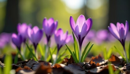 Close-up of delicate purple crocus flowers with intricate details against a blurry green and brown woodland background, close-up flowers, garden shots, purple crocus