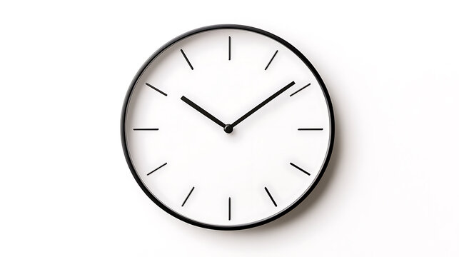 A minimalist black and white clock shows the time. Simple design, clean lines. Represents time management, punctuality, and precision. Modern aesthetic.