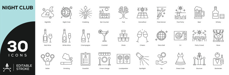 Nightclub & Bar Icon Set - 30 Editable Stroke Vector Icons for Party Events & Venues (DJ, Cocktails, Crowd, Cover Charge)