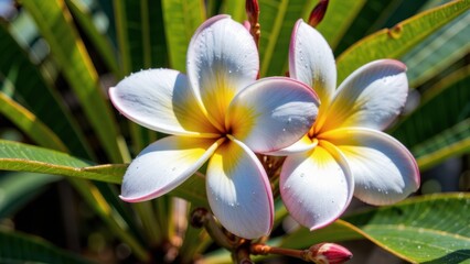 Obraz premium Close up of two white and yellow plumeria flowers blooming in sunlight with green leaves