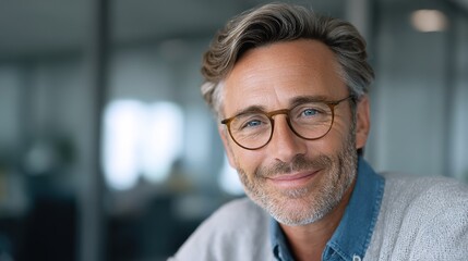 Obraz premium Confident Professional: A captivating portrait of a mature, sophisticated individual, wearing spectacles and emanating self-assuredness, suggesting a sense of experience and acumen.