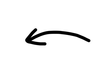 Curved black arrow pointing left, hand drawn arrow sketch, navigation and direction icon illustration