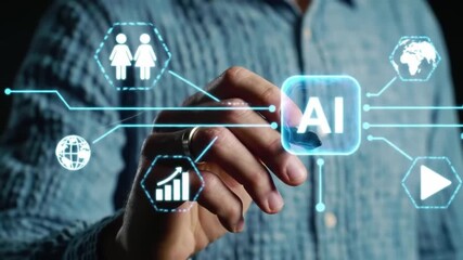 AI Interface Concept Man Interacting with Holographic Artificial Intelligence Interface, Data Visualization, Modern Technology - Powered by Adobe