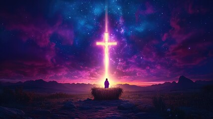 Man observing a glowing cross under a vibrant starry night sky. Spiritual light and divine concept for Christmas celebration.