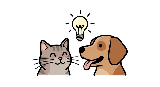 Pets share a bright idea in a playful cartoon with a cat and dog together in a cheerful setting