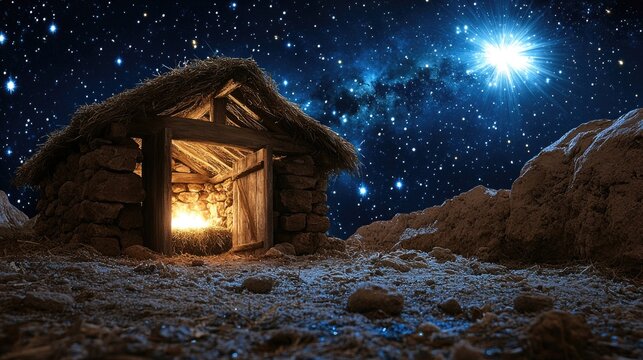 Historical stone stable manger with glowing fire at night. Christmas nativity scene with the Star of Bethlehem concept for holiday decoration.