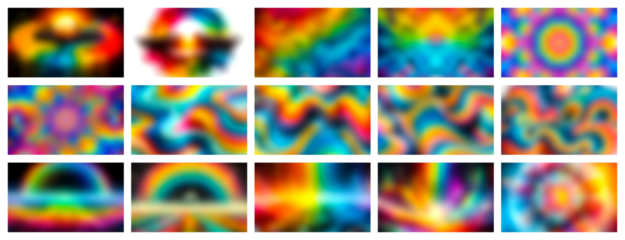 Vibrant abstract rainbow gradients and psychedelic patterns displayed in a grid of colorful blurry squares