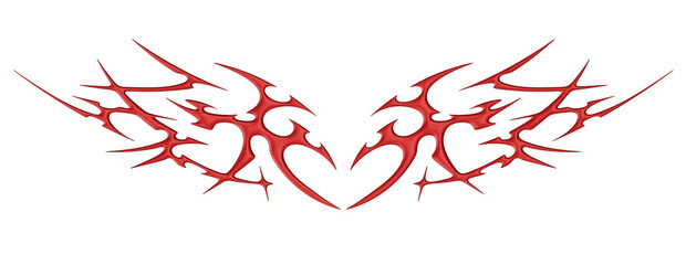 Red chrome neo tribal tattoo. Glossy heart shapes with symmetrical flame wings and cyber sigilism elements in metallic futuristic style. 3D render