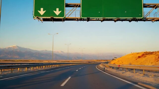 Empty highway with directional road signs against a sunset backdrop and mountains in distance