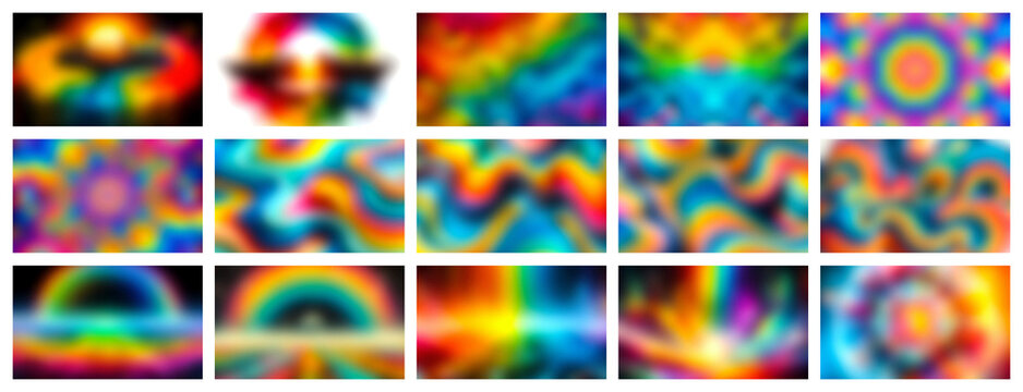 Vibrant abstract rainbow gradients and psychedelic patterns displayed in a grid of colorful blurry squares - Powered by Adobe