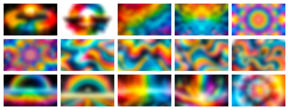 Vibrant abstract rainbow gradients and psychedelic patterns displayed in a grid of colorful blurry squares